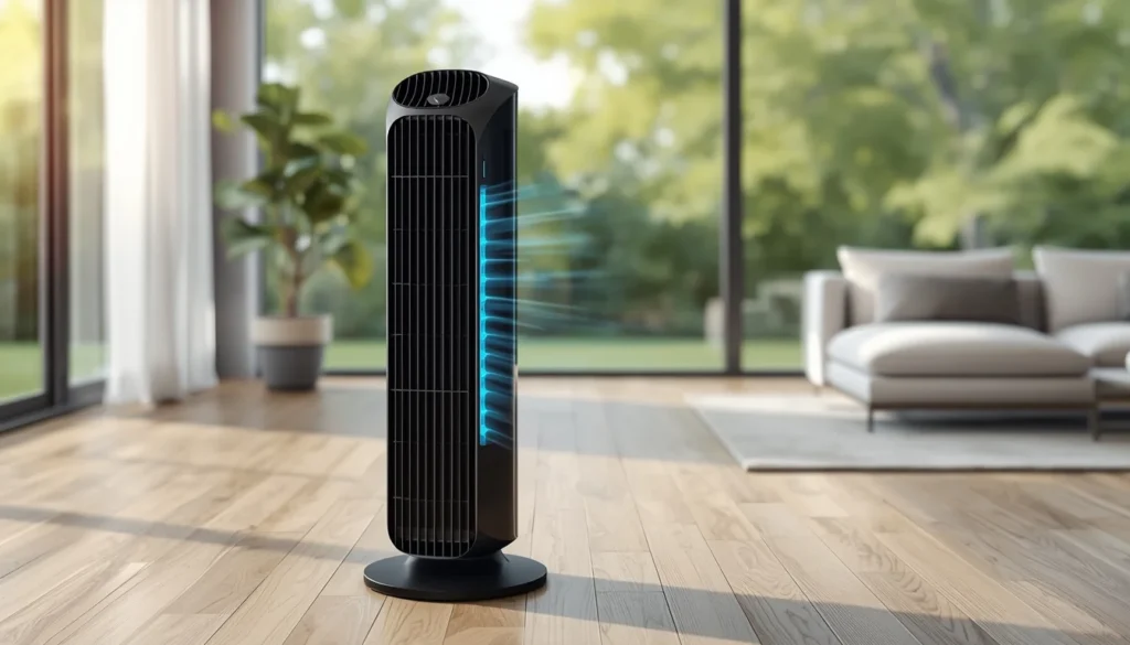 Rinfrescare casa 2026; Vista d'insieme del FreshTower 99 con animazione del flusso d'aria in un ambiente domestico.