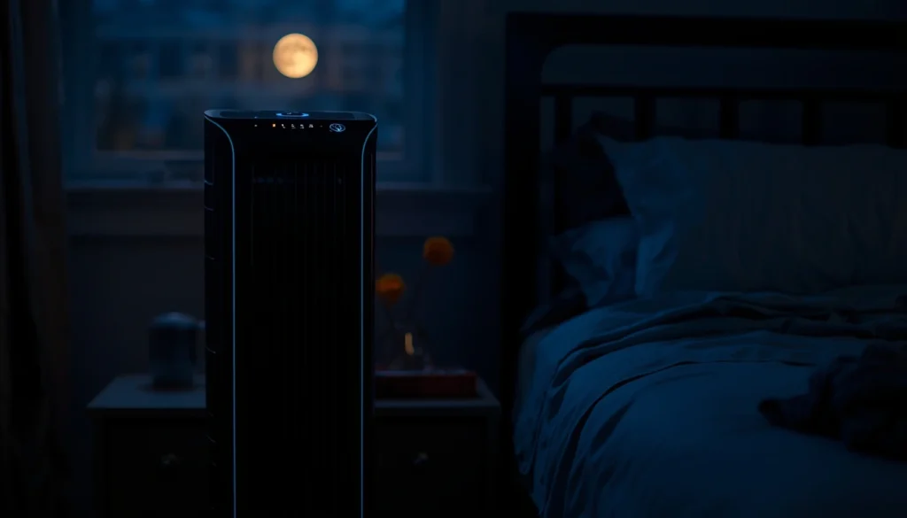 Rinfrescare casa 2026: FreshTower 99 è davvero la soluzione definitiva? Rinfrescare casa 2026; Dettaglio del ventilatore silenzioso FreshTower 99 acceso in una camera da letto notturna.