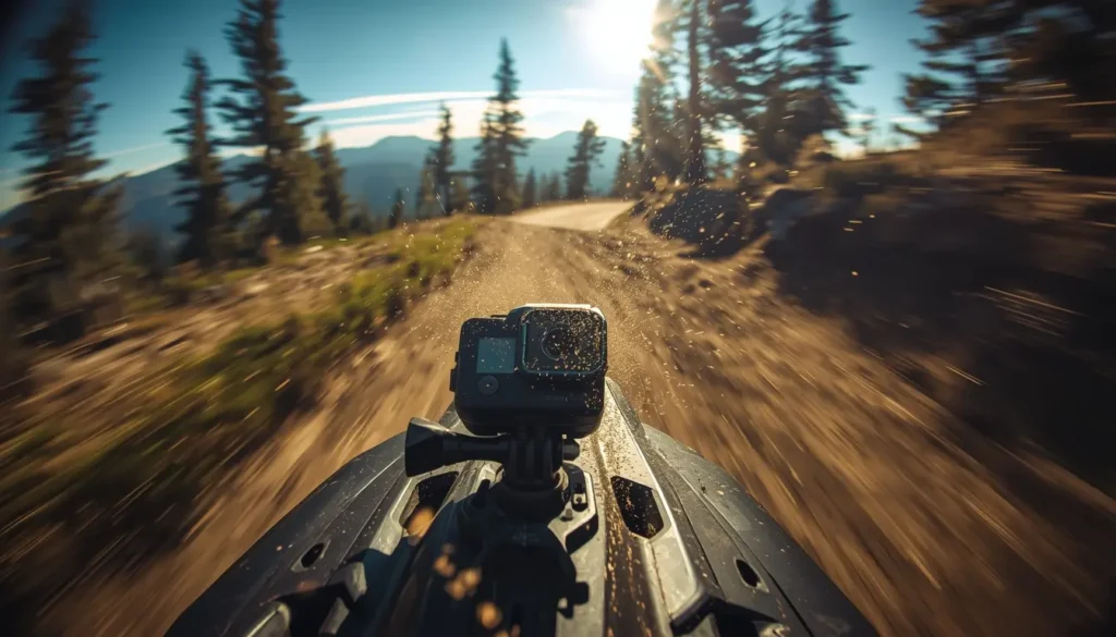 Come usare GoPro HERO nel 2026: "Guida pratica e consigli per riprese perfette" Usare GoPro Hero; Soggettiva (POV) di un mountain biker con la GoPro Hero montata sul casco su un percorso sterrato e accidentato.