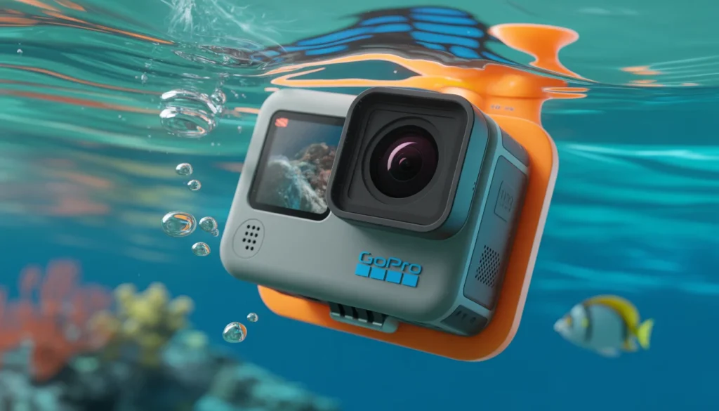 Come usare GoPro HERO nel 2026: "Guida pratica e consigli per riprese perfette" Usare GoPro Hero; Fotocamera GoPro Hero immersa sott'acqua in mare cristallino, fissata a un'impugnatura galleggiante.