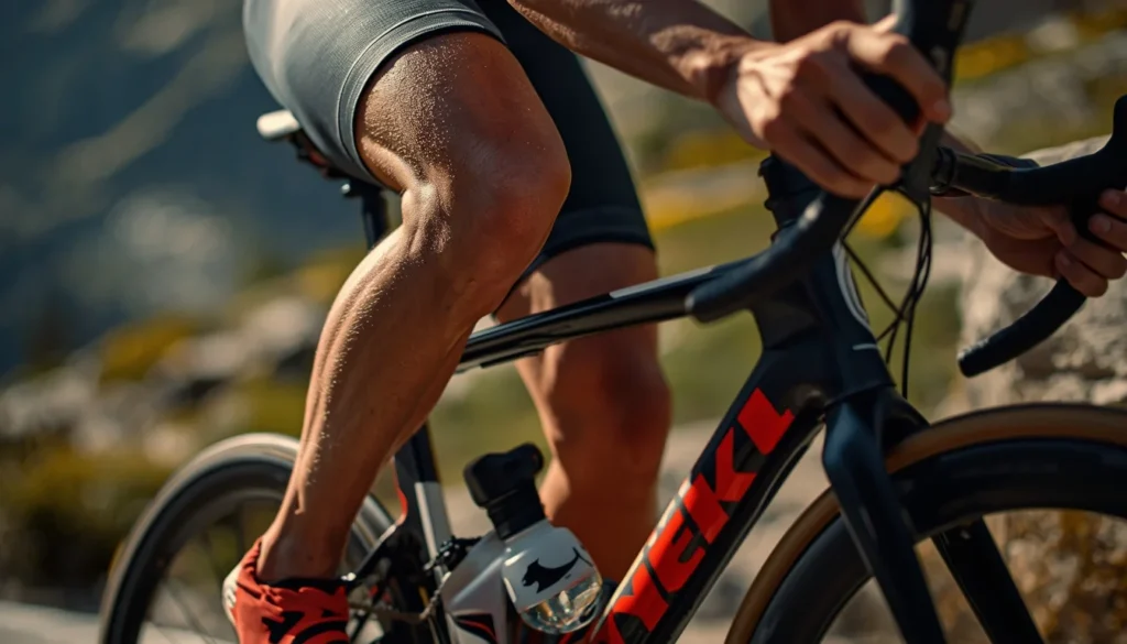Dettaglio dei muscoli definiti delle gambe di un ciclista e borraccia, fondamentali per prevenire i crampi in bici.