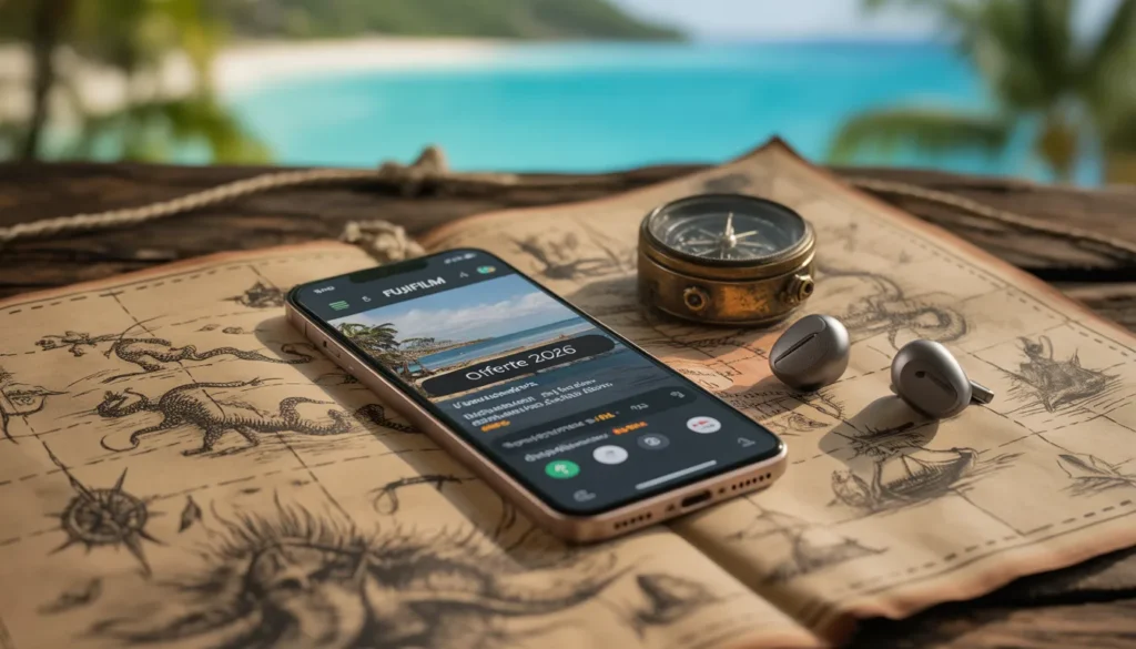 "Smartphone moderno con offerte Pirati in viaggio 2026 su una mappa del tesoro antica, bussola e auricolari su un tavolo di legno."