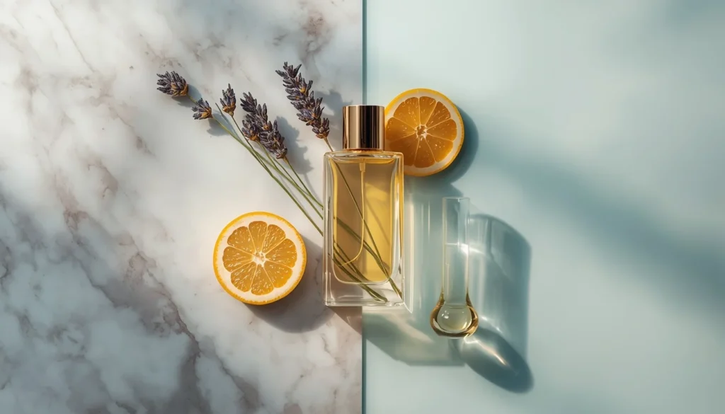 Profumi e cosmetica 2026: Bottiglia di profumo di lusso e crema viso con ingredienti naturali e strumenti da laboratorio.