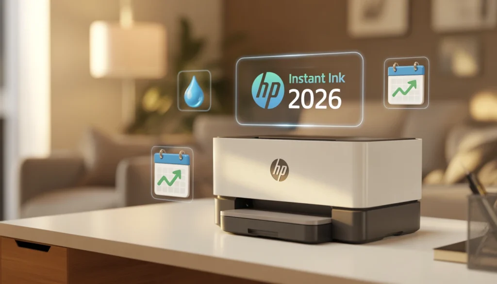 Una stampante HP moderna con display olografico che mostra "HP Instant ink 2026".