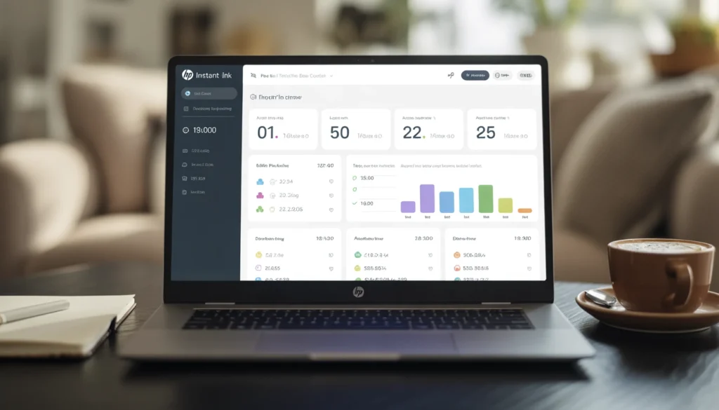 HP Instant ink 2026: La Guida Definitiva al Risparmio sulle Cartucce Un computer portatile con il portale HP Instant ink 2026, che visualizza le pagine stampate e i costi.