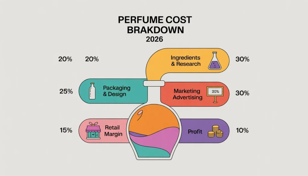 Profumi e Cosmetica 2026: Come Riconoscere il Vero Valore di ciò che Acquisti Profumi e cosmetica 2026 - Infografica che mostra la scomposizione dei costi di un profumo di lusso: marketing vs ingredienti.