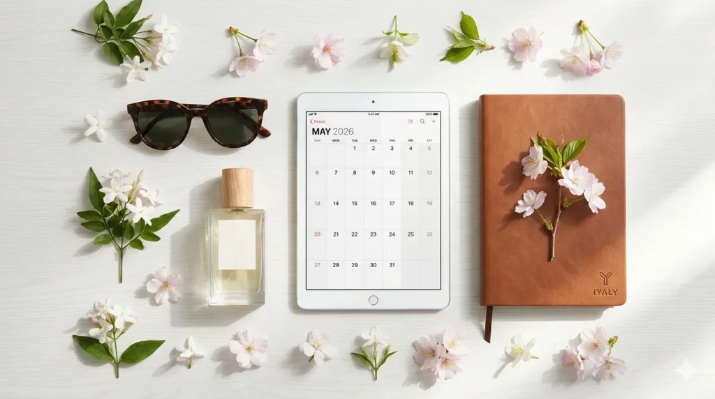Offerte IYALY 2026: Guida agli Sconti del Mese e Promozioni Lampo Offerte Iyaly 2026 - "Composizione flat lay editoriale con accessori moda, profumo IYALY e un tablet che mostra il calendario Maggio 2026 per la raccolta delle offerte."