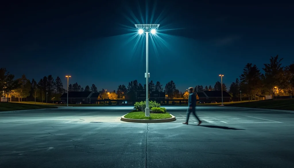 Lampione Solare 2026: Guida ai modelli Professionali per un Giardino Illuminato a Giorno Lampione solare 2026; una persona cammina nella notte e passa sotto un lampione stradale che si illumina grazie al sensore di movimento