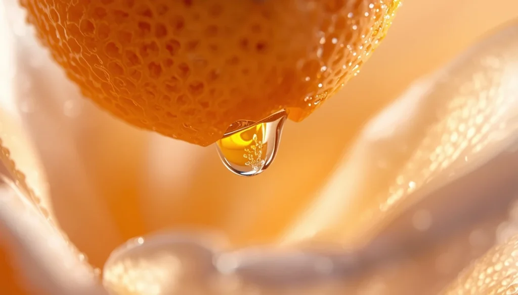 Profumi e Cosmetica 2026: Come Riconoscere il Vero Valore di ciò che Acquisti Profumi e cosmetica 2026 - Primo piano macro di una goccia d'olio essenziale puro che cade da un agrume.