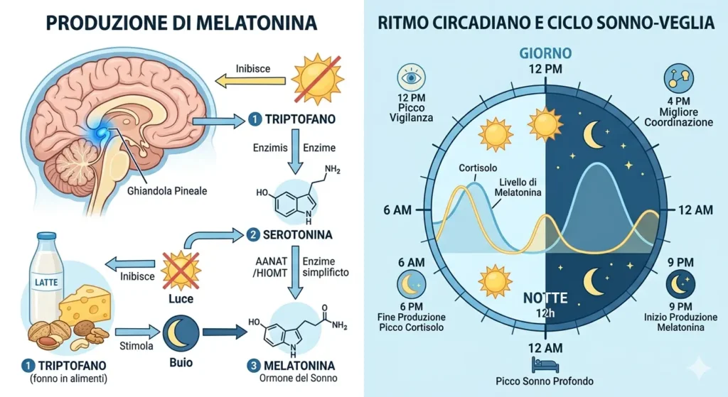 Melatonina: cosa sapere nel 2026 tra scienza, opinioni e il metodo Pierpaoli Infografica dettagliata sulla produzione di melatonina cosa sapere per regolare il ritmo circadiano.
