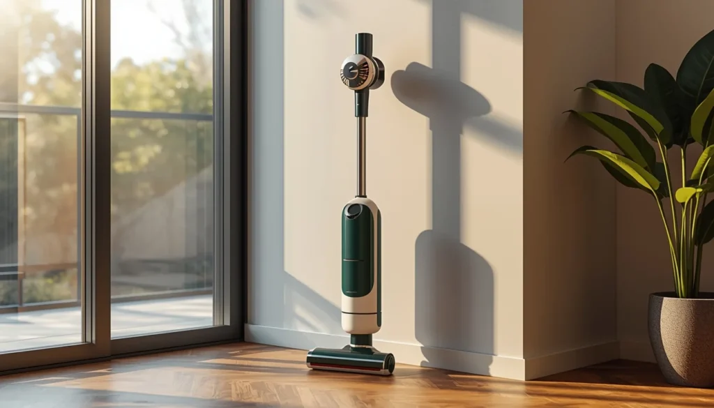 Folletto 2026 opinioni - Elettrodomestico per la pulizia cordless dal design elegante appoggiato a una parete bianca in ambiente lifestyle.