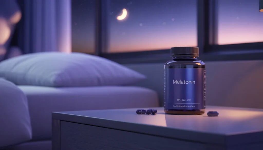 Melatonina cosa sapere; Confezione di melatonina professionale su un comodino con luce notturna soffusa."