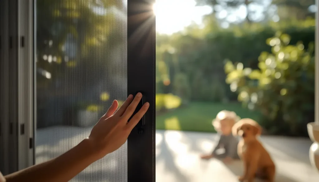 Dettaglio installazione della migliore zanzariera magnetica 2026 con vista su giardino soleggiato, ideale per bambini e animali domestici.