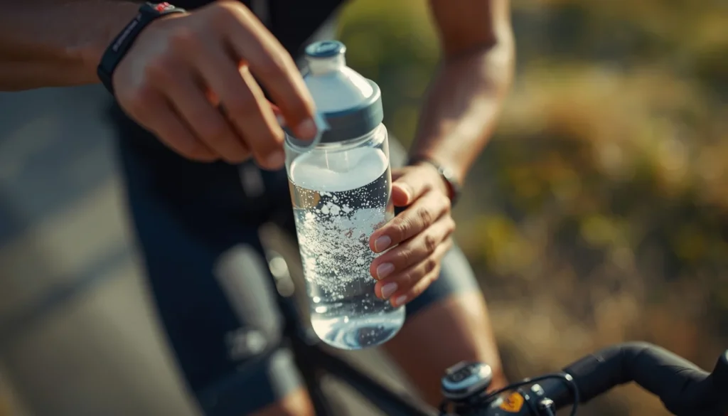 Prevenire crampi in bici: la guida pratica all'idratazione e all'integrazione (2026) Ciclista che prepara una bevanda con elettroliti per prevenire i crampi in bici durante le uscite lunghe.