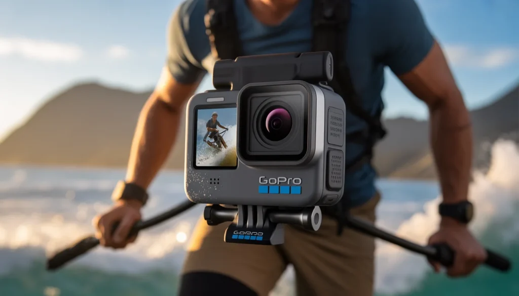 Usare gopro hero ; Action cam GoPro Hero nera montata su un supporto, pronta per riprese d'azione in alta definizione.