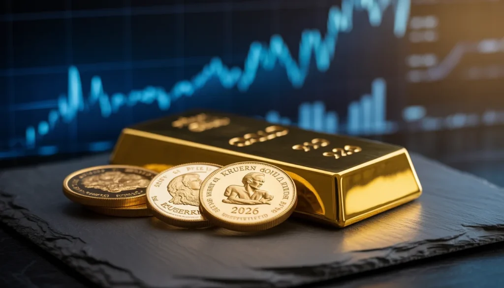 Oro fisico 2026: lingotti e monete d'oro da investimento su sfondo finanziario.