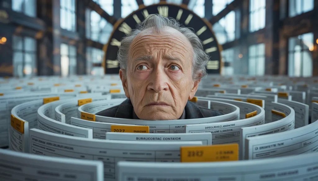 Pensioni 2026 news - "Un anziano osserva preoccupato un labirinto di moduli e documenti previdenziali, con sullo sfondo un orologio che segna il 2026."
