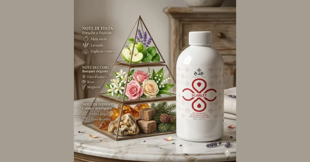 Profumo Bucato 2026: Come trasformare il tuo bucato in un’esperienza di lusso con IYALY Infografica piramide olfattiva del profumo bucato 2026 Iyaly Scarlet con note di mela verde, rosa e ambra grigia.
