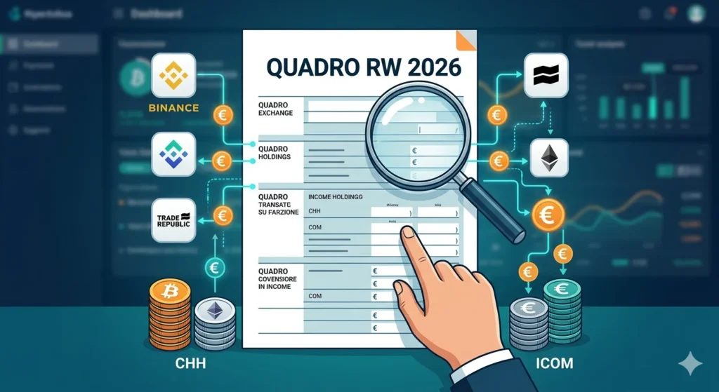 Fisco Criptovalute 2026: La Guida Definitiva tra Quadro RW e Ravvedimento Operoso Fisco criptovalute 2026 - "Illustrazione del Quadro RW 2026 per la dichiarazione criptovalute detenute su exchange esteri come Binance."