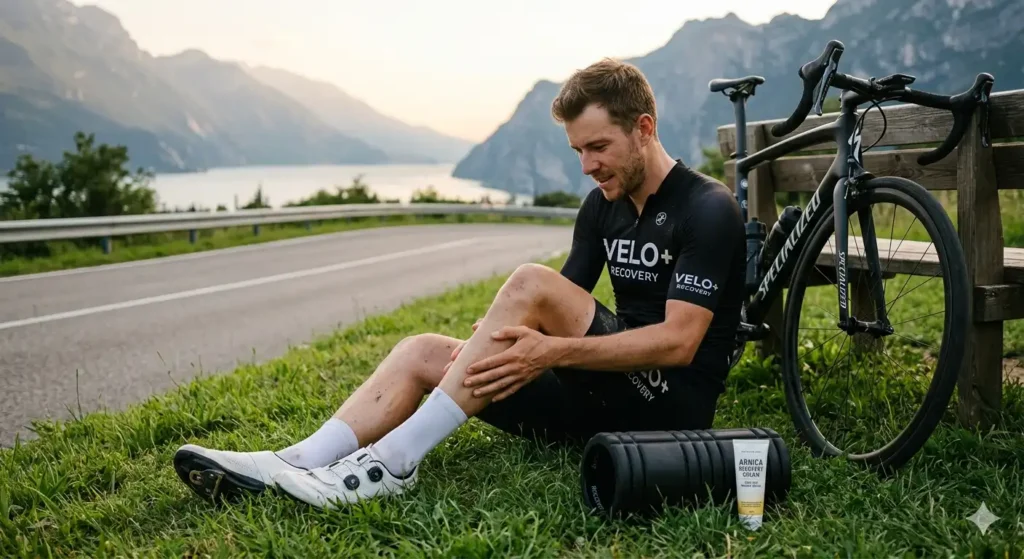 Uscita bici 1 maggio: la checklist definitiva per gestire il meteo variabile Uscita bici 1 maggio; Ciclista che esegue massaggio defaticante alle gambe con crema sportiva dopo un'uscita in bici in primavera.