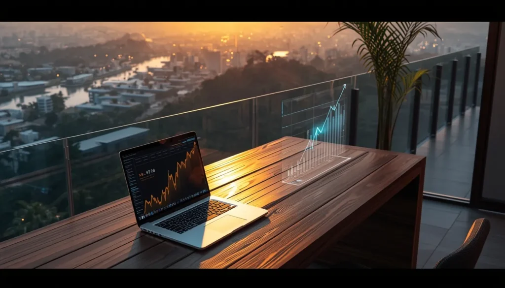 "Postazione di lavoro su balcone moderno al tramonto con laptop che mostra grafici di borsa e un grafico olografico di crescita, a simboleggiare le strategie di risparmio e guadagno online 2026."