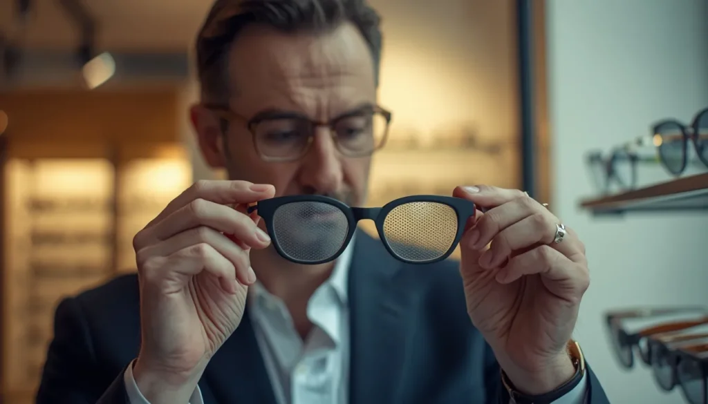 Occhiali Stenopeici 2026: La Guida Completa tra Metodo Bates e Scienza Un uomo sceglie con cura occhiali stenopeici 2026 neri forati in un moderno negozio di ottica."