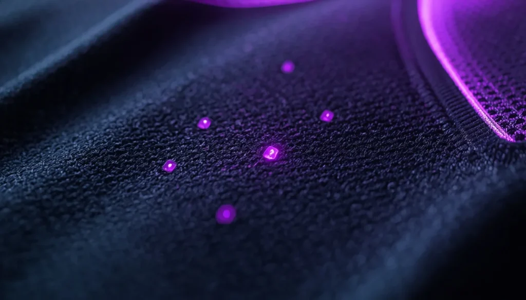 X-Power Sportswear 2026: Recensione Onesta e Opinioni. Funziona davvero? Primo piano macro del tessuto tecnico X-Power Sportswear 2026 con microsensori luminosi viola integrati per il monitoraggio delle prestazioni.