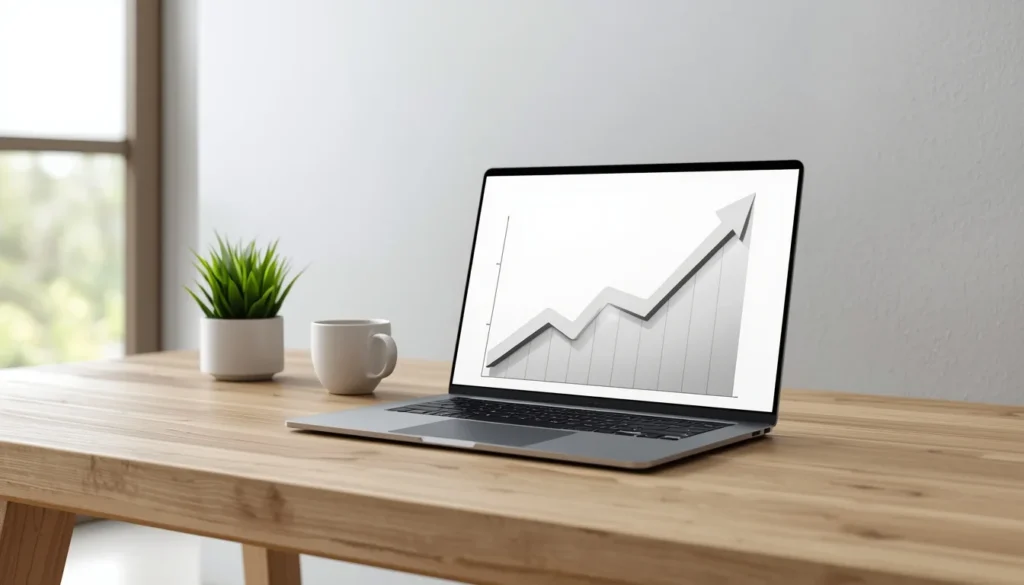 Postazione di lavoro minimalista con laptop che mostra un grafico di crescita, simbolo delle strategie di affiliazione per il 2026.