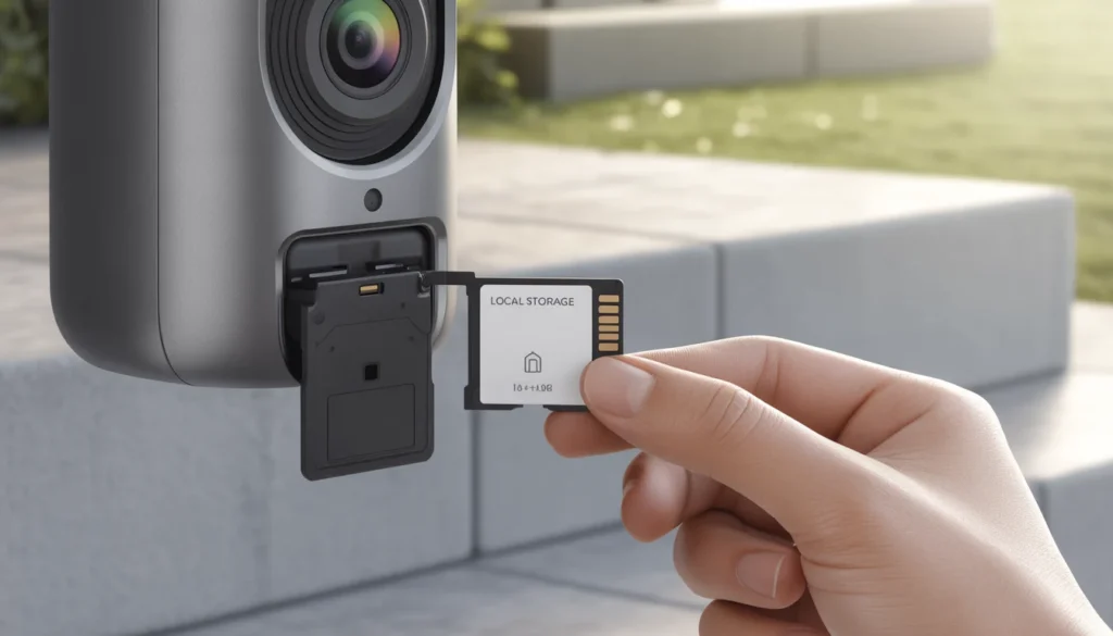 CASA SICURA 2026: La rivoluzione delle Telecamere Smart senza abbonamento casa sicura 2026 - Inserimento di una scheda MicroSD in una telecamera di sicurezza per l'archiviazione locale senza cloud.