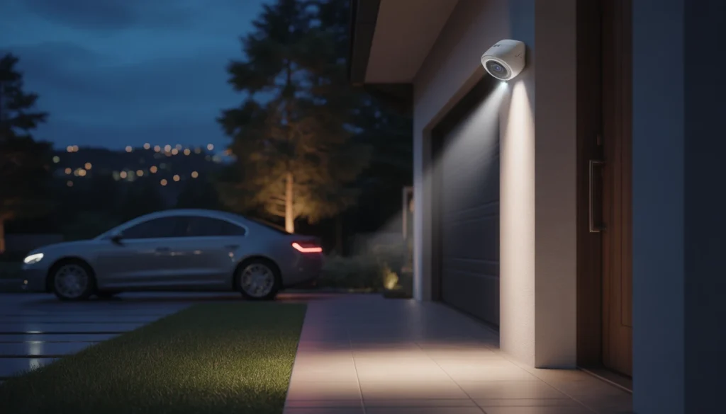 CASA SICURA 2026: La rivoluzione delle Telecamere Smart senza abbonamento casa sicura 2026 - Telecamera di sicurezza smart con faretto LED integrato che illumina un vialetto di notte.