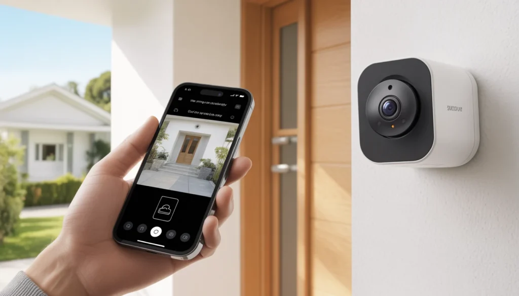 casa sicura 2026 - Telecamera di sicurezza smart senza abbonamento posizionata all'ingresso di una casa moderna, con l'app mobile per il controllo remoto visibile sullo smartphone in primo piano.