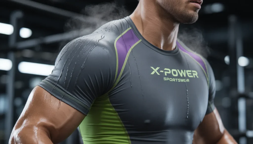 X-Power Sportswear 2026: Recensione Onesta e Opinioni. Funziona davvero? Dettaglio del sudore e della traspirazione del tessuto tecnico X-Power Sportswear 2026 su un atleta professionista.