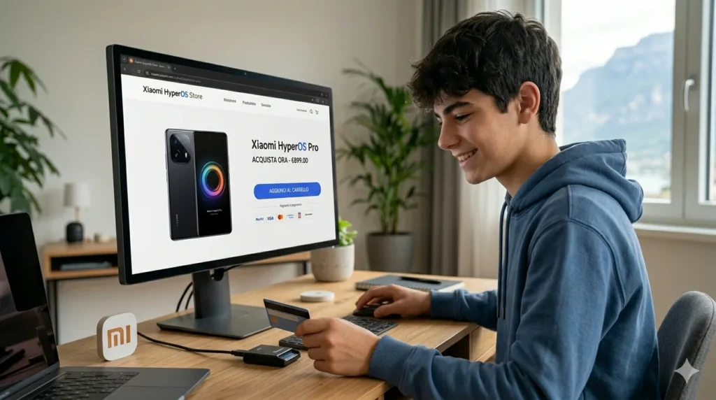 Xiaomi HyperOS 2026: La Guida Definitiva all'Aggiornamento, Modelli Supportati e Trucchi di Ottimizzazione Un giovane ragazzo acquista online uno smartphone Xiaomi HyperOS 2026 Pro su un monitor per computer desktop, tenendo in mano una carta di credito sulla sua scrivania