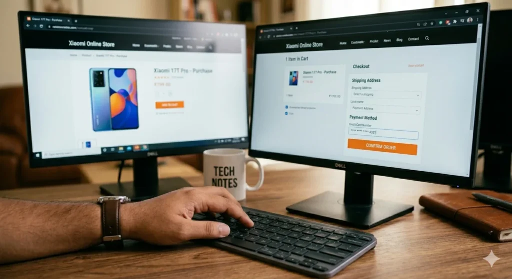Xiaomi 17T Pro: Scheda Tecnica, Prezzo, Uscita e Tutto Quello che Sappiamo sul Prossimo Flagship Killer Inquadratura in prima persona di un utente che inserisce i dati di pagamento su computer per l'acquisto online di Xiaomi 17T Pro sullo store ufficiale.