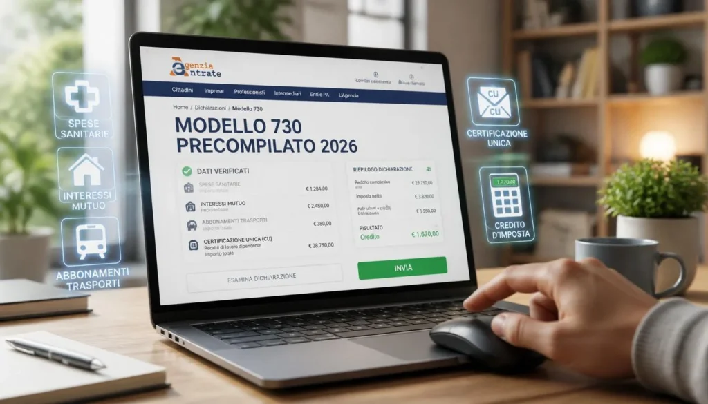 Un laptop che mostra il portale dell'Agenzia delle Entrate con la schermata "Modello 730 Precompilato 2026". Sullo schermo sono visibili le sezioni "Dati Verificati" e "Invia". Intorno allo schermo fluttuano icone digitali per Spese Sanitarie, Interessi Mutuo, Abbonamenti Trasporti, Certificazione Unica (CU) e Credito d'Imposta. Una mano usa un mouse in primo piano.