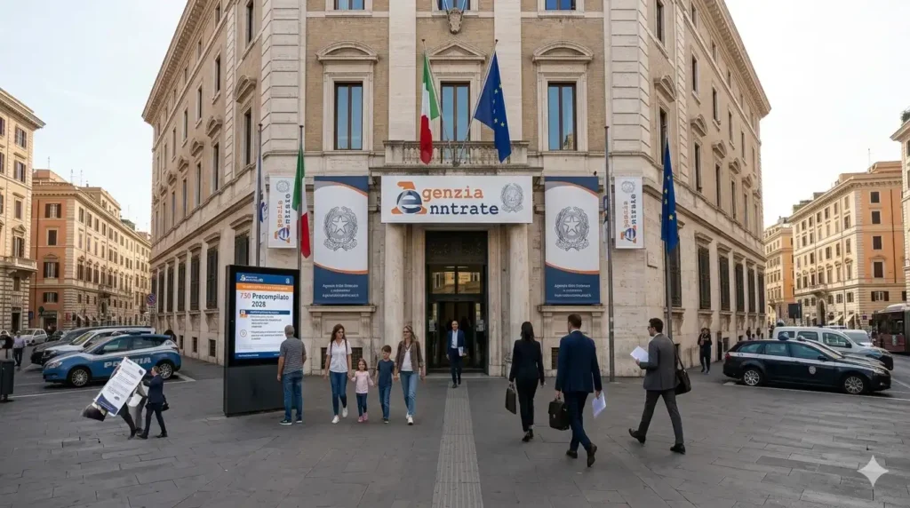 Modello 730 Precompilato 2026: Guida Completa, Novità, Detrazioni e Scadenze Modello 730 precompilato 2026 - Veduta frontale della sede centrale dell'Agenzia delle Entrate a Roma, situata in Via Giorgione. La facciata del grande edificio governativo espone lo striscione principale "AGENZIA ENTRATE" e bandiere italiane ed europee. Sulla sinistra, un totem informativo digitale mostra dettagli specifici sul "730 Precompilato 2026" con istruzioni e scadenze, mentre i cittadini e i funzionari camminano sul marciapiede davanti all'ingresso principale.