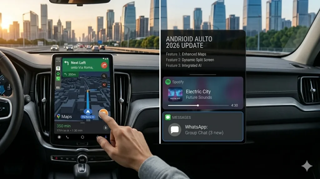 Aggiornamento Android Auto 2026: Come Installarlo, Novità e Come Vedere YouTube Un primo piano dettagliato del display dell'infotainment di un'auto moderna che mostra l'aggiornamento Android Auto 2026. Sullo schermo touch screen è visibile la mappa di navigazione satellitare 3D con indicazioni stradali in tempo reale, affiancata da un widget per la riproduzione musicale. Una mano sfiora lo schermo per interagire con l'interfaccia.