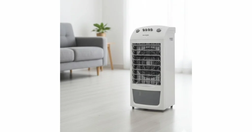 Miglior Raffrescatore Portatile 2026: La Soluzione Economica Contro il Caldo Asfissiante Miglior raffrescatore portatile 2026; Raffrescatore d'aria evaporativo moderno di colore bianco in funzione in un elegante soggiorno moderno e luminoso, posizionato su un pavimento in legno chiaro, con un divano grigio e una pianta in vaso sfocati sullo sfondo.