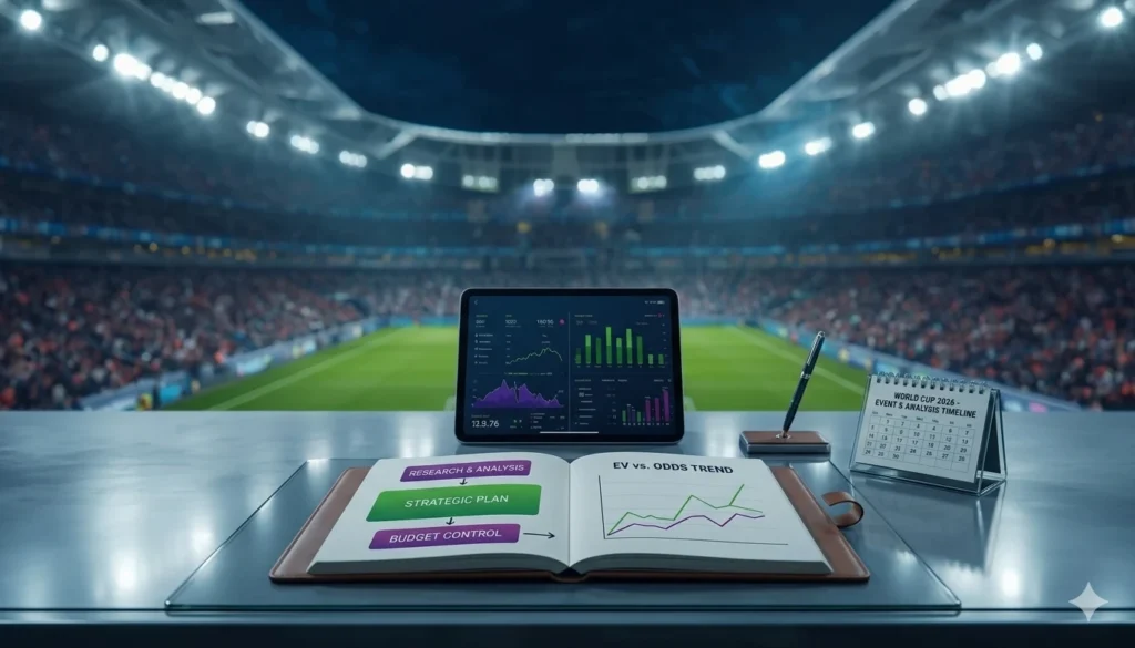 Mondiali di Calcio 2026: Strategie di Betting Consapevole e Gestione del Budget Un libro aperto che mostra un diagramma di flusso su ricerca, piano strategico e controllo del budget, affiancato da un grafico sul valore atteso per i Mondiali di Calcio 2026.