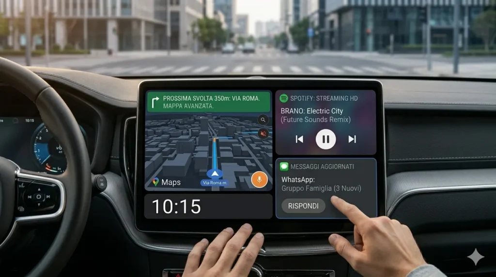 Aggiornamento Android Auto 2026: Come Installarlo, Novità e Come Vedere YouTube Dettaglio del display centrale di un'auto premium con l'interfaccia aggiornata di Android Auto 2026. Lo schermo mostra il controllo della riproduzione musicale con la copertina di un album sulla sinistra e la notifica interattiva di un messaggio in arrivo sulla destra con opzione di risposta vocale. Sullo sfondo si nota il volante stilizzato e il cruscotto digitale.