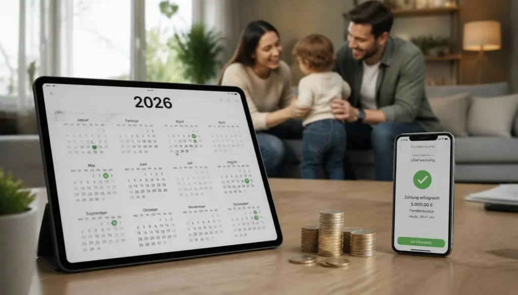 Calendario digitale con assegno unico pagamenti 2026 su un tablet, monete in Euro e una giovane famiglia millennial felice sullo sfondo in un soggiorno moderno.