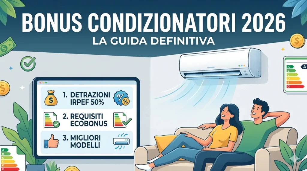 Coppia in relax con climatizzatore split e schema sintetico su come ottenere il bonus condizionatori 2026.