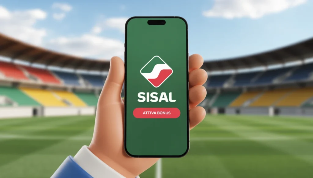 Guida Scommesse UFM Calcio e Serie Minori: Bonus Sisal e Strategie per Vincere in Eccellenza ufm calcio ; Mano che tiene uno smartphone con il logo Sisal e il tasto Attiva Bonus, sullo sfondo uno stadio di calcio di periferia.