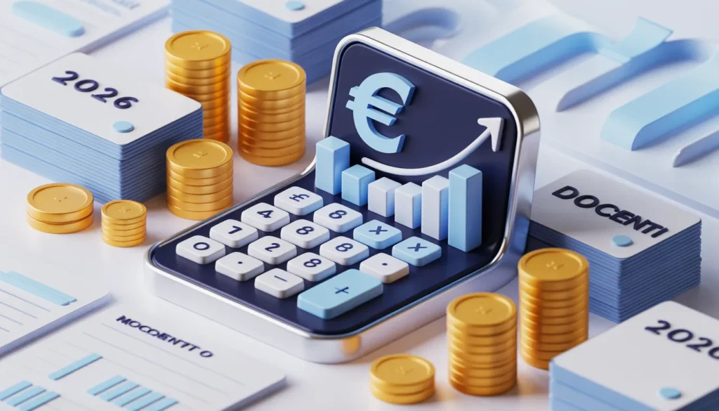 Pagamento Arretrati Docenti 2026: Date, Calcolo e Guida al Cedolino NoiPA Illustrazione isometrica che rappresenta il calcolo dell'importo per il pagamento arretrati docenti 2026 con monete e grafici.