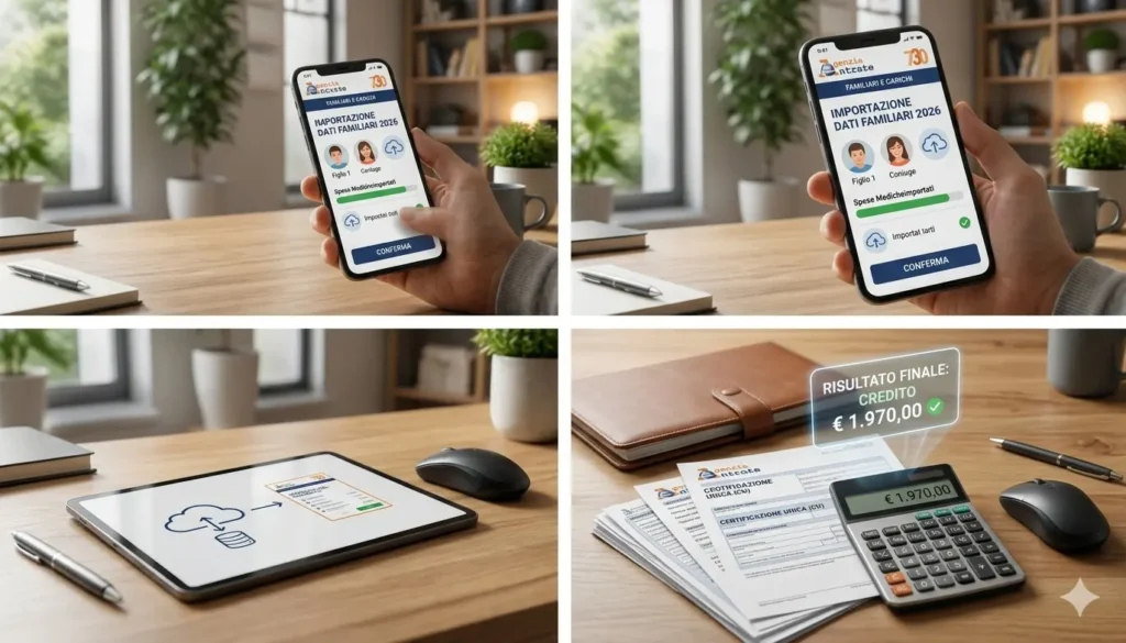 Modello 730 Precompilato 2026: Guida Completa, Novità, Detrazioni e Scadenze Primo piano dello schermo di uno smartphone con l'app Agenzia delle Entrate 730 aperta. L'interfaccia mostra la schermata "Importazione Dati Familiari 2026" con la spunta verde di completamento e il pulsante blu di conferma pronto per essere toccato. Una calcolatrice indica il credito derivato dalla compilazione del modello 730 precompilato 2026