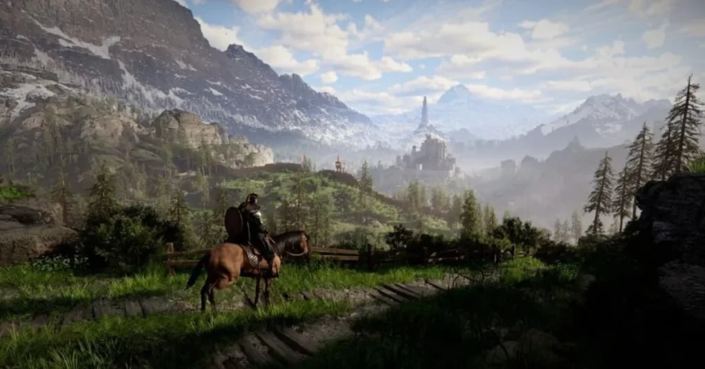 Crimson Desert Patch 1.06: Analisi Tecnica, Benchmark e Guida alle Novità Guerriero a cavallo guarda una vallata con castello in Crimson Desert, test della distanza visiva
