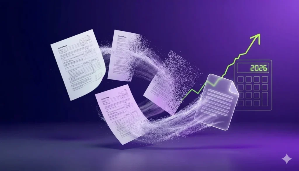 Decreto Fiscale Rottamazione Quinquies: La Guida Definitiva 2026 per Risanare i Debiti Esattoriali e Gestire la Liquidità Decreto fiscale rottamazione quinquies; Fogli di moduli fiscali fluttuanti che si dissolvono in polvere digitale accanto a una calcolatrice stilizzata con la scritta 2026 e un grafico di crescita verde neon, su sfondo viola.