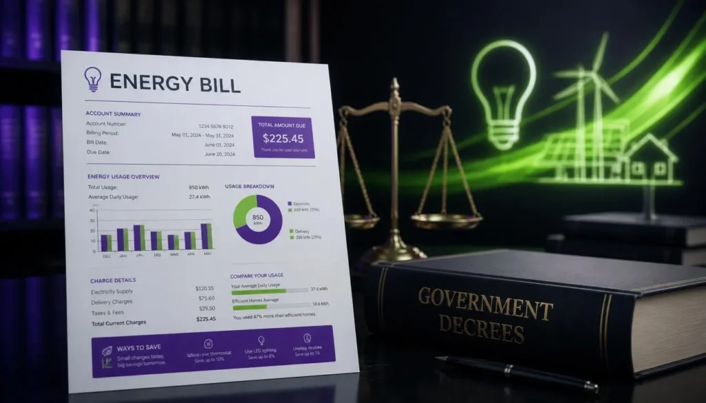 Una bolletta dell'energia elettrica in primo piano con grafici viola e verdi, affiancata da un libro di decreti governativi e una bilancia della giustizia su sfondo scuro.