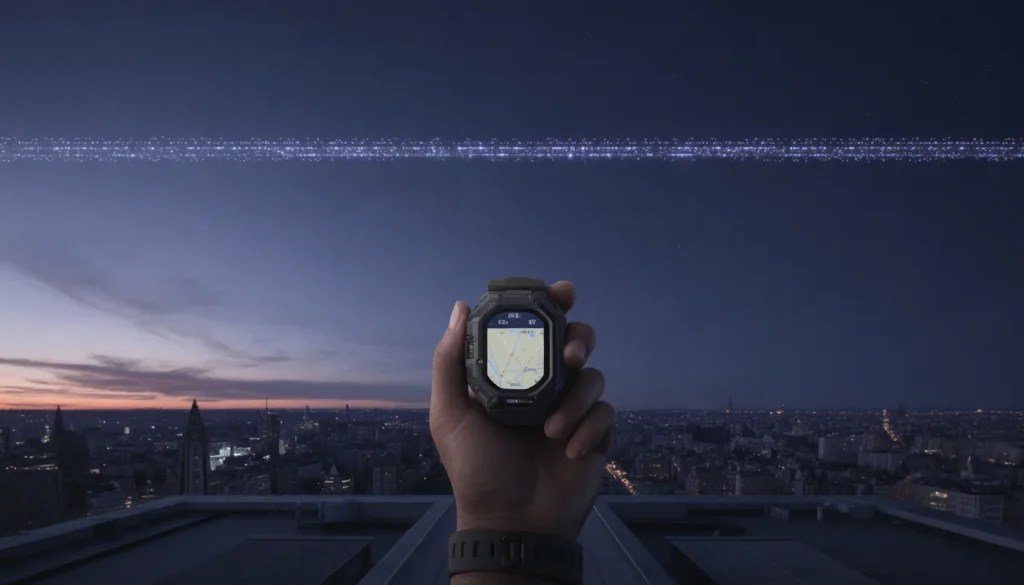 Fenomeno luminoso nel cielo notturno con scia di satelliti Starlink e persona con smartwatch militare GPS.
