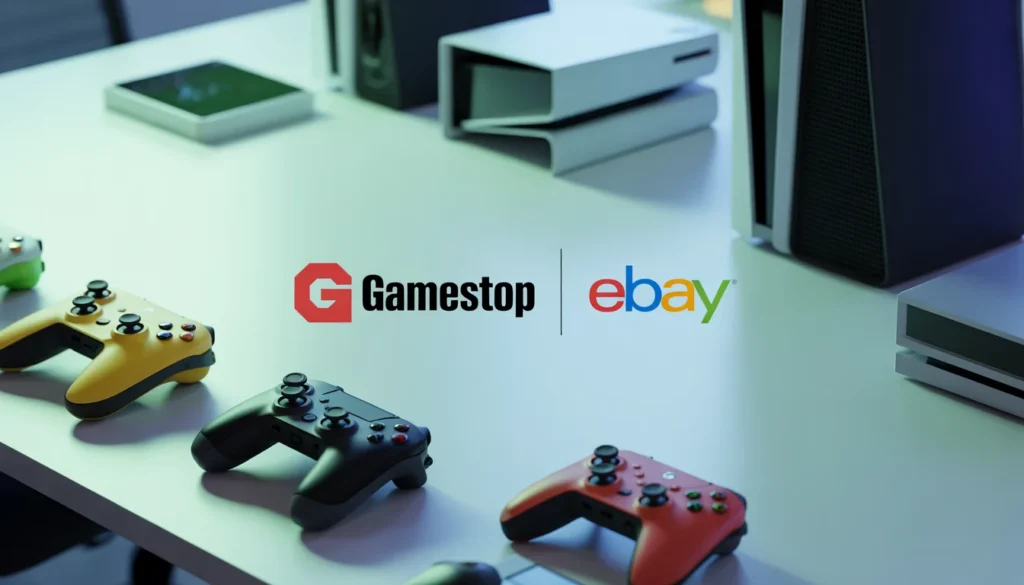 Fotomontaggio professionale loghi GameStop eBay 2026 su tavolo con console e controller moderni